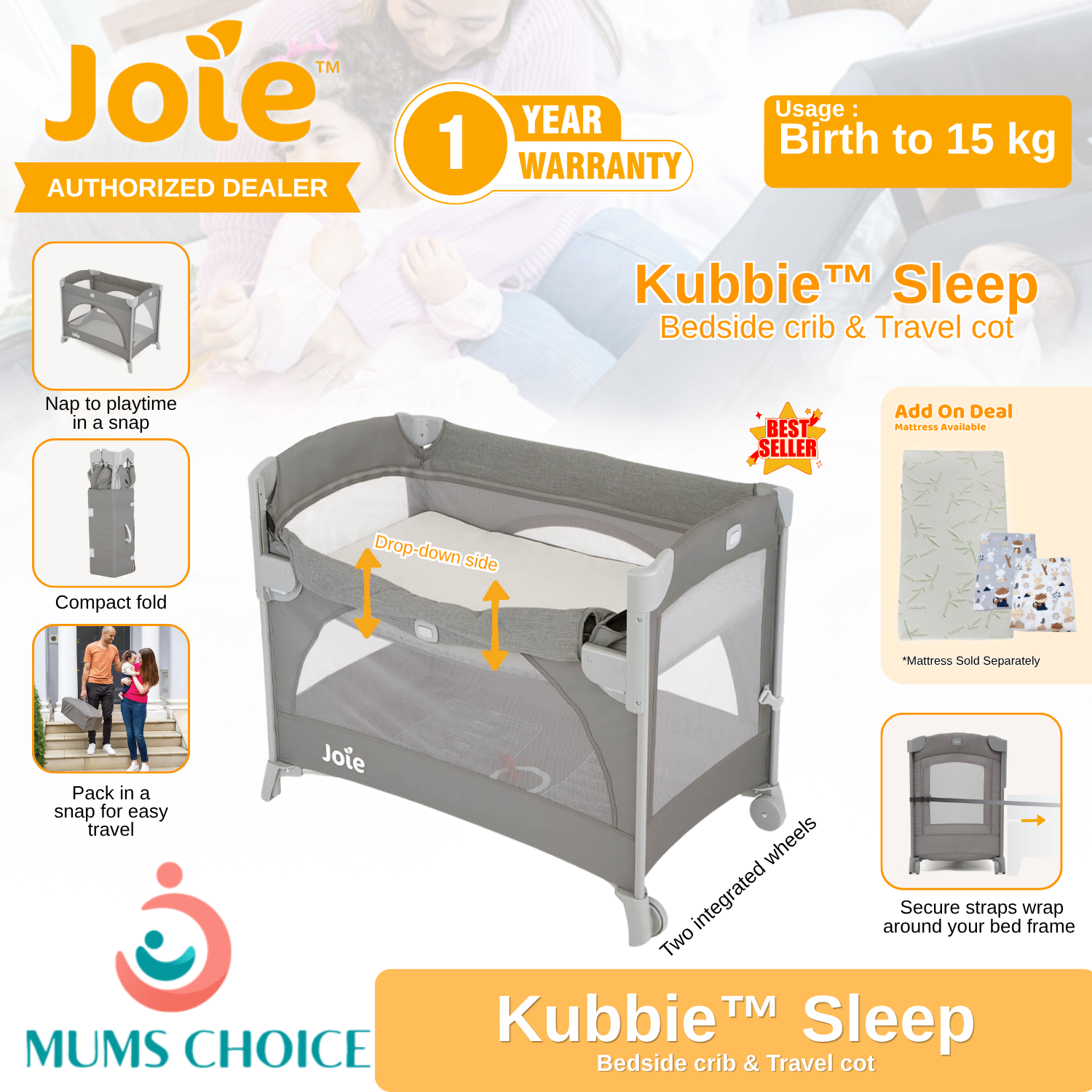 Joie Kubbie Sleep Bedside Travel Cot