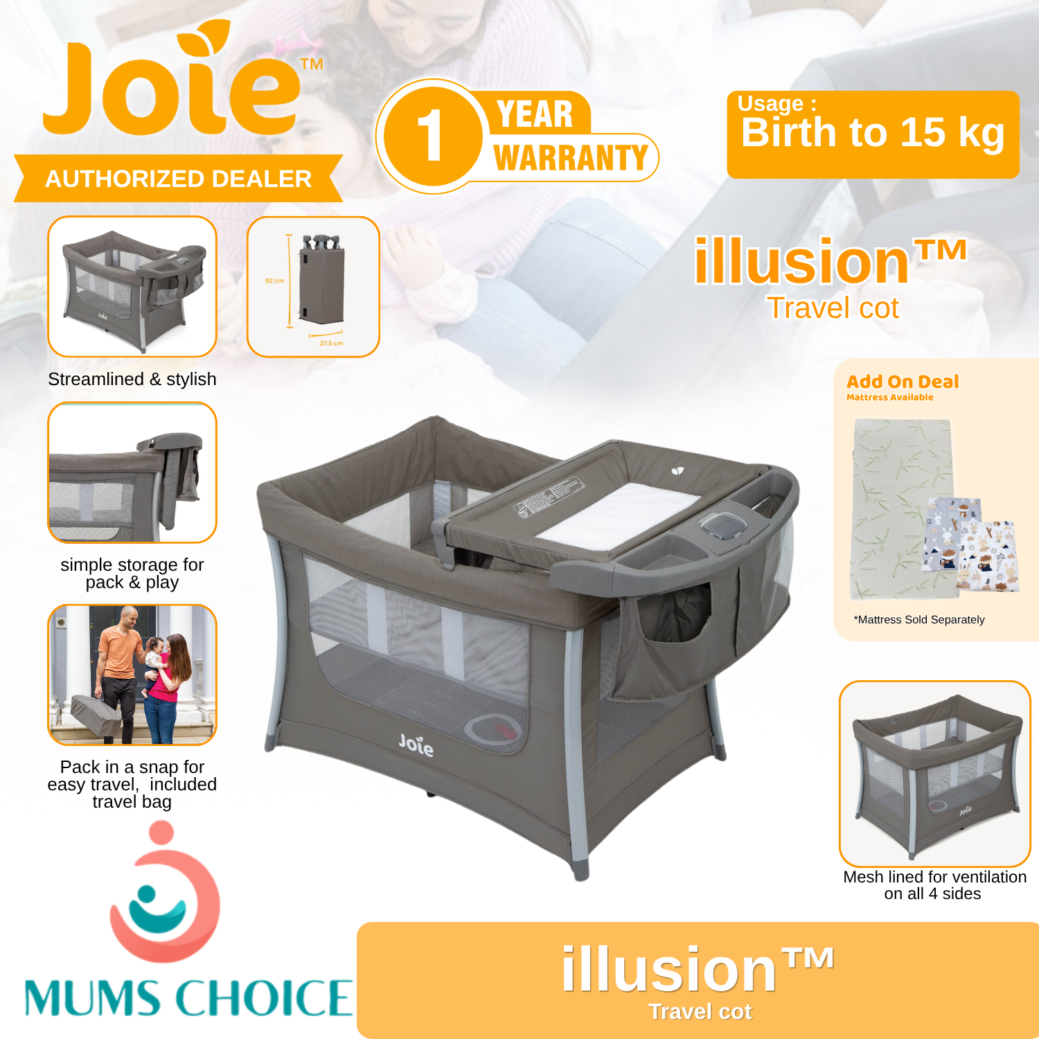 Joie Illusion™ Travel Cot  Baby Playpen-Nickel