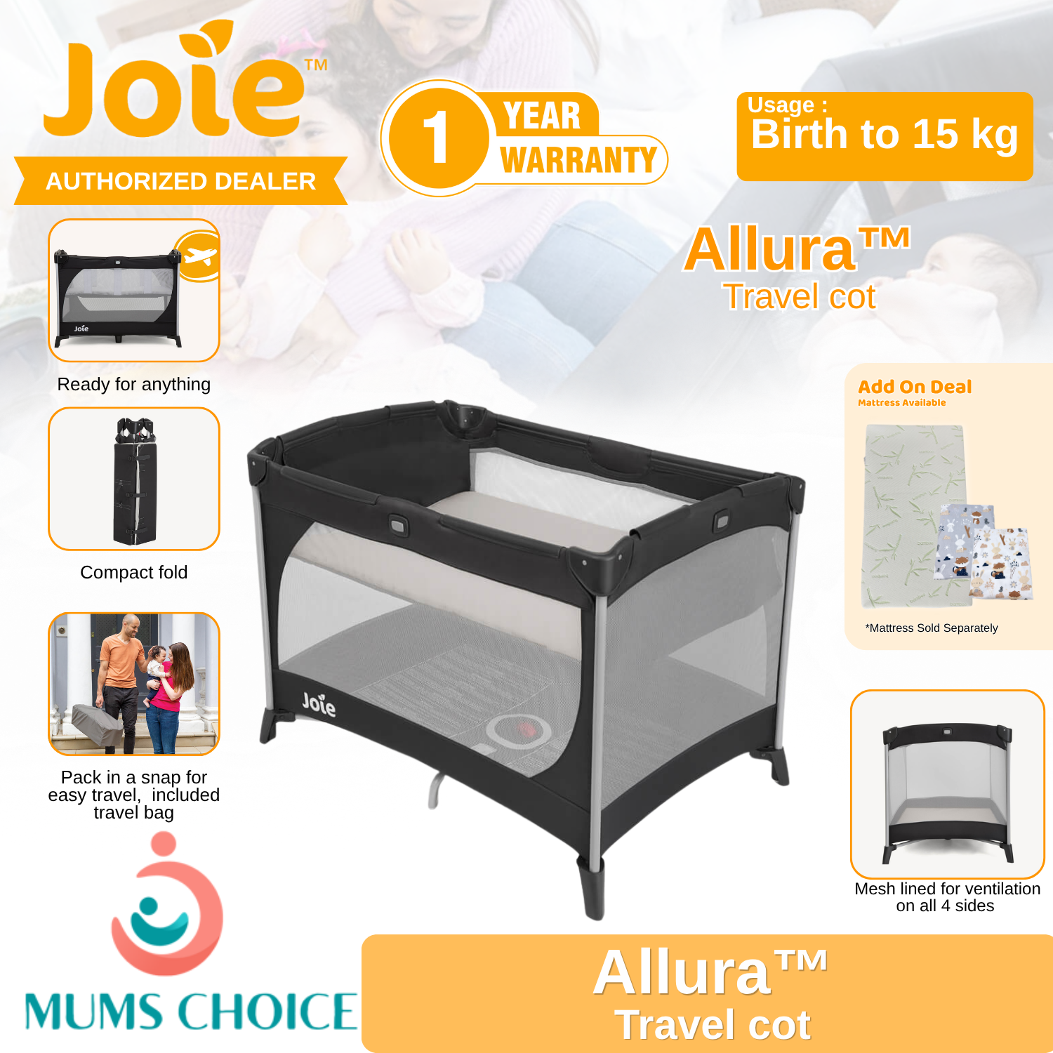 Joie Allura Travel Cot - Black Ink