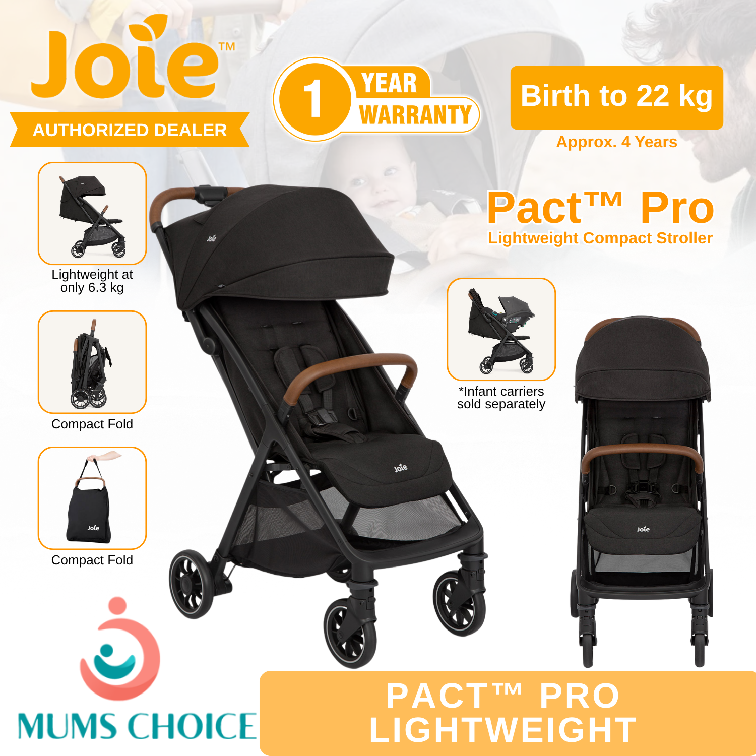 Joie Parcel LX Signature 3in1 Lightweight Compact Stroller (birth to 22 kg)
