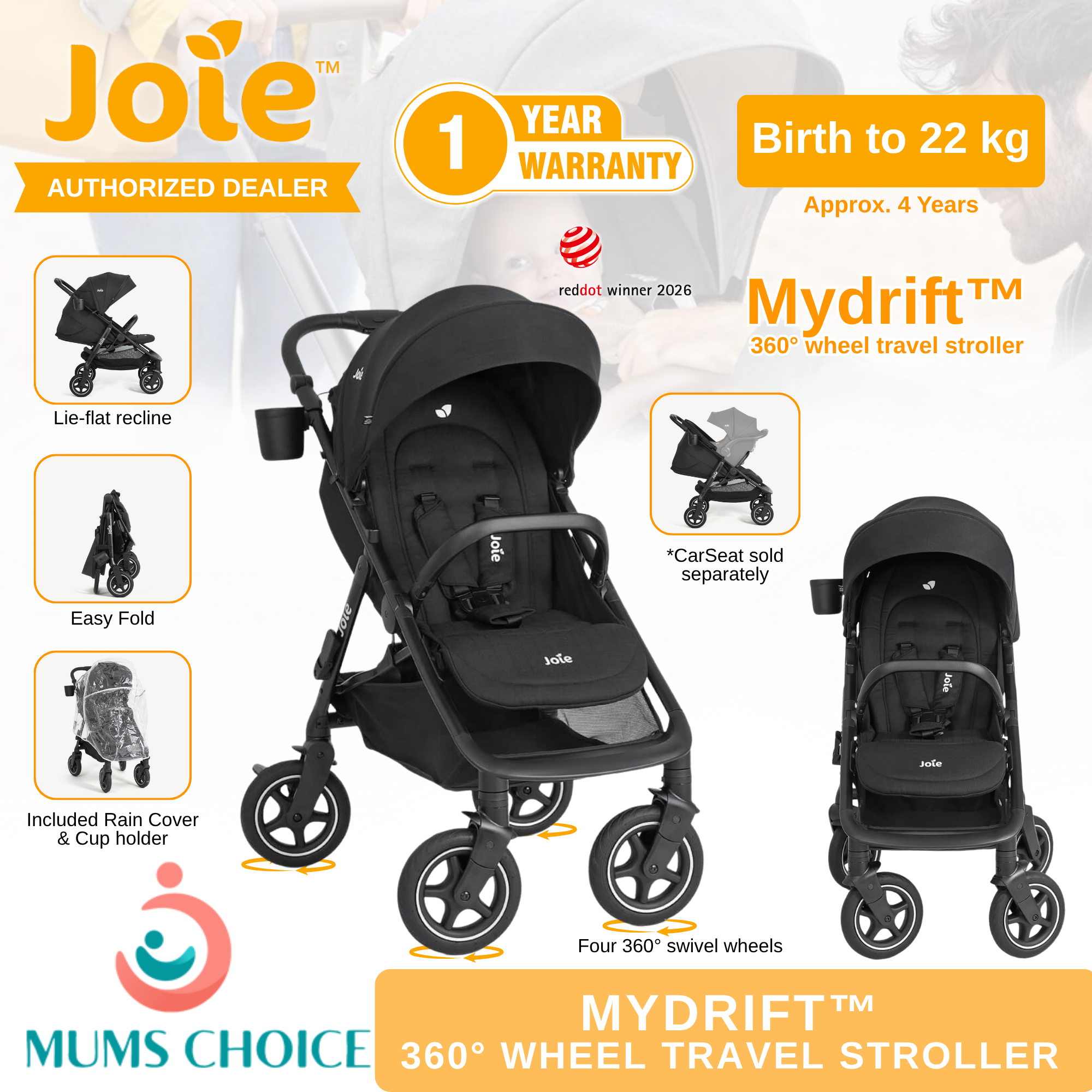 Joie Mydrift 360° Wheel Travel Stroller (birth to 22 kg)