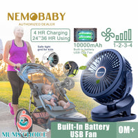 【Ready Stock 】Nemobaby 10000mAh Built-in battery USB Clip Stroller Fan /Desk top Fan with 4 Speed