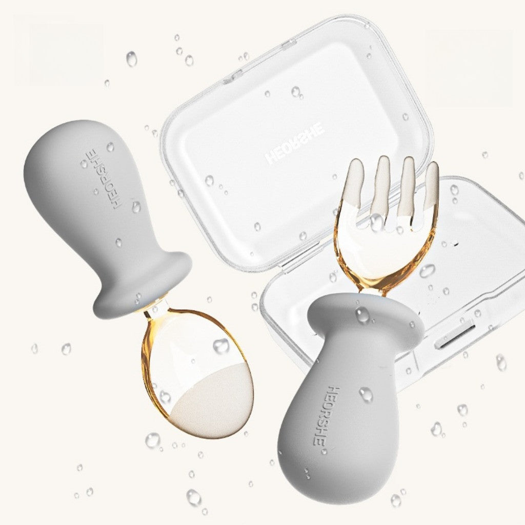 HEORSHE Tiny Spoon and Fork Set for Babies 6M+ Soft Silicone Handle