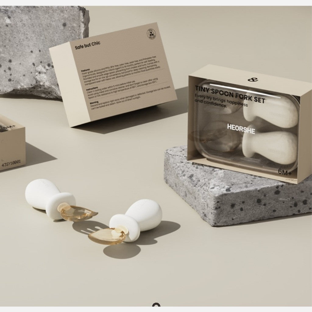 HEORSHE Tiny Spoon and Fork Set for Babies 6M+ Soft Silicone Handle