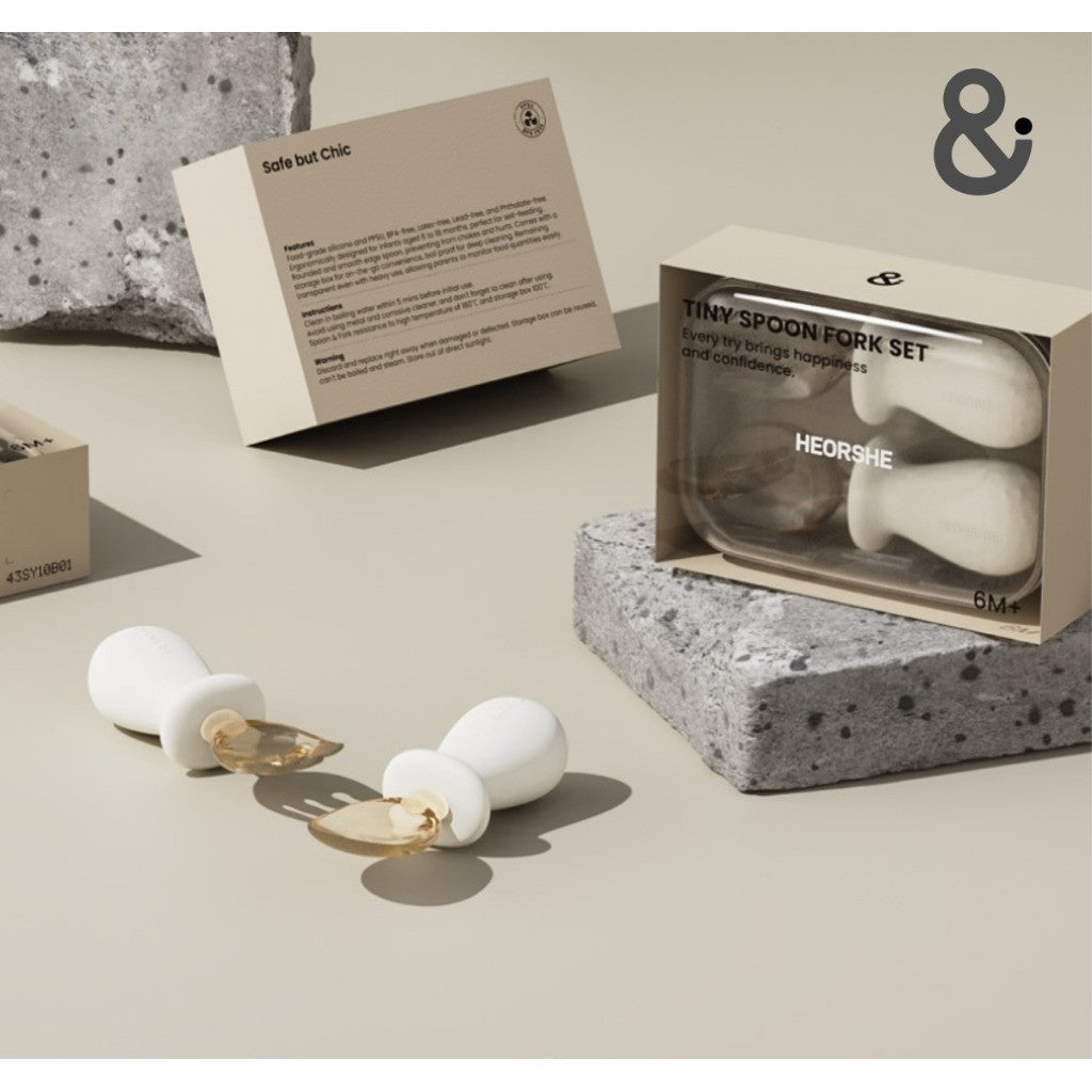 HEORSHE Tiny Spoon and Fork Set for Babies 6M+ Soft Silicone Handle