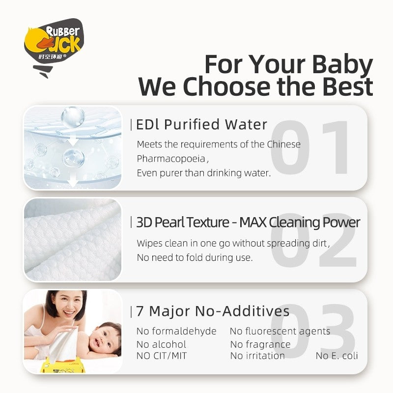 Mums Choice HK Rubber Duck Wet Wipes Tissue —EDl Purified Water& Protect Skin&Extra Large & Thick(60 pcs)