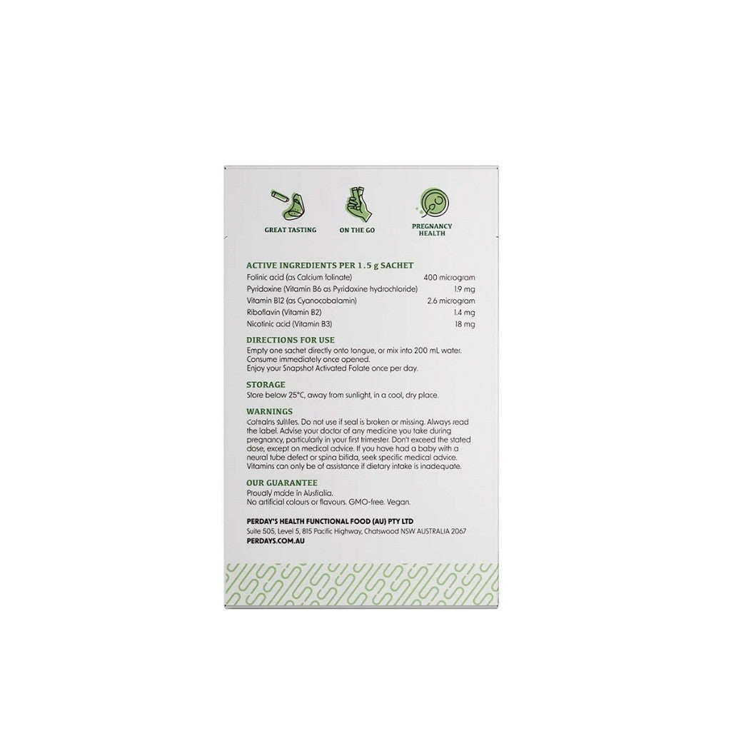 PERDAYS SNAP SHOT Activated Folate - Preconception Support, Folinic Acid, Fetal Brain Health - 20 Sachets