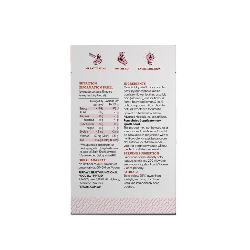 PERDAYS SNAP SHOT Iron & Vitamin C - Energy, Immunity & Fatigue Support - 20 Sachets