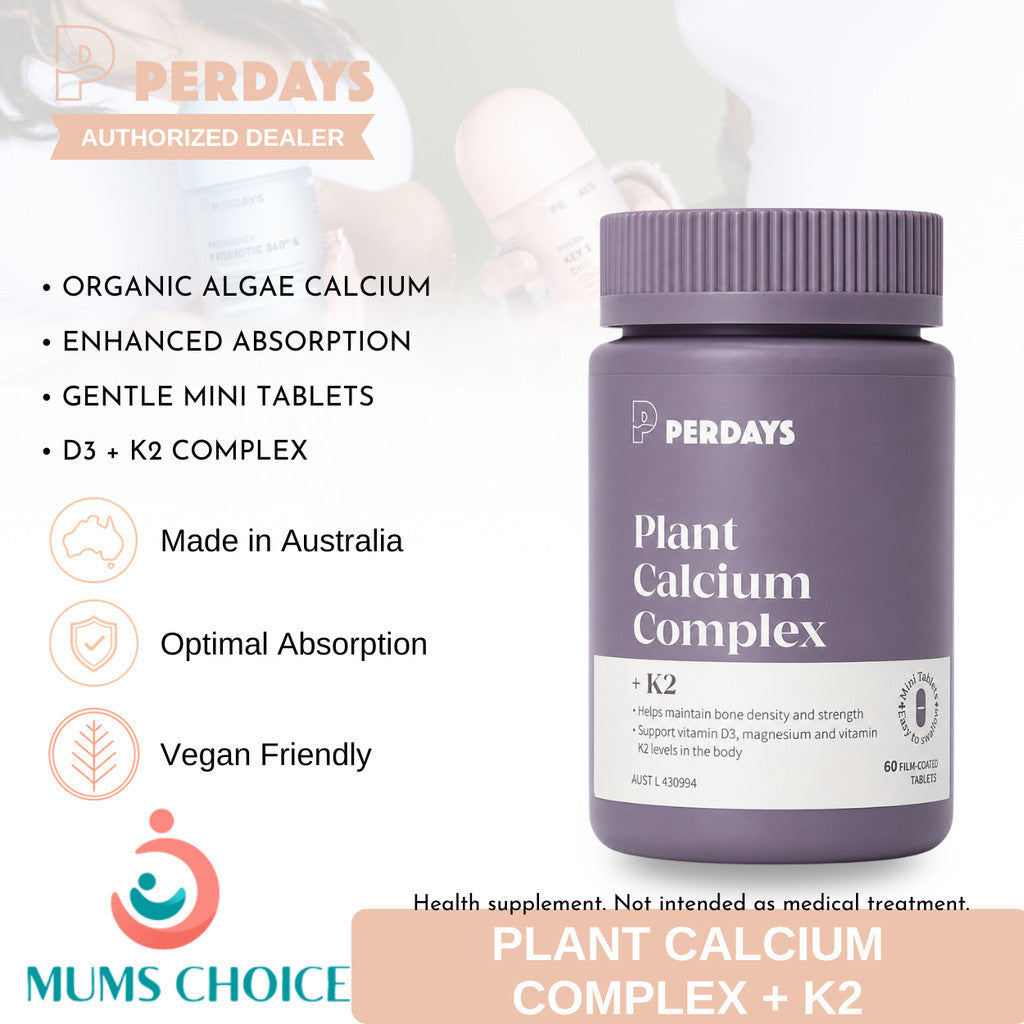PERDAYS Plant Calcium Complex + K2 - Non-Constipating Calcium for Pregnancy & Bone Health - 60 Tabs