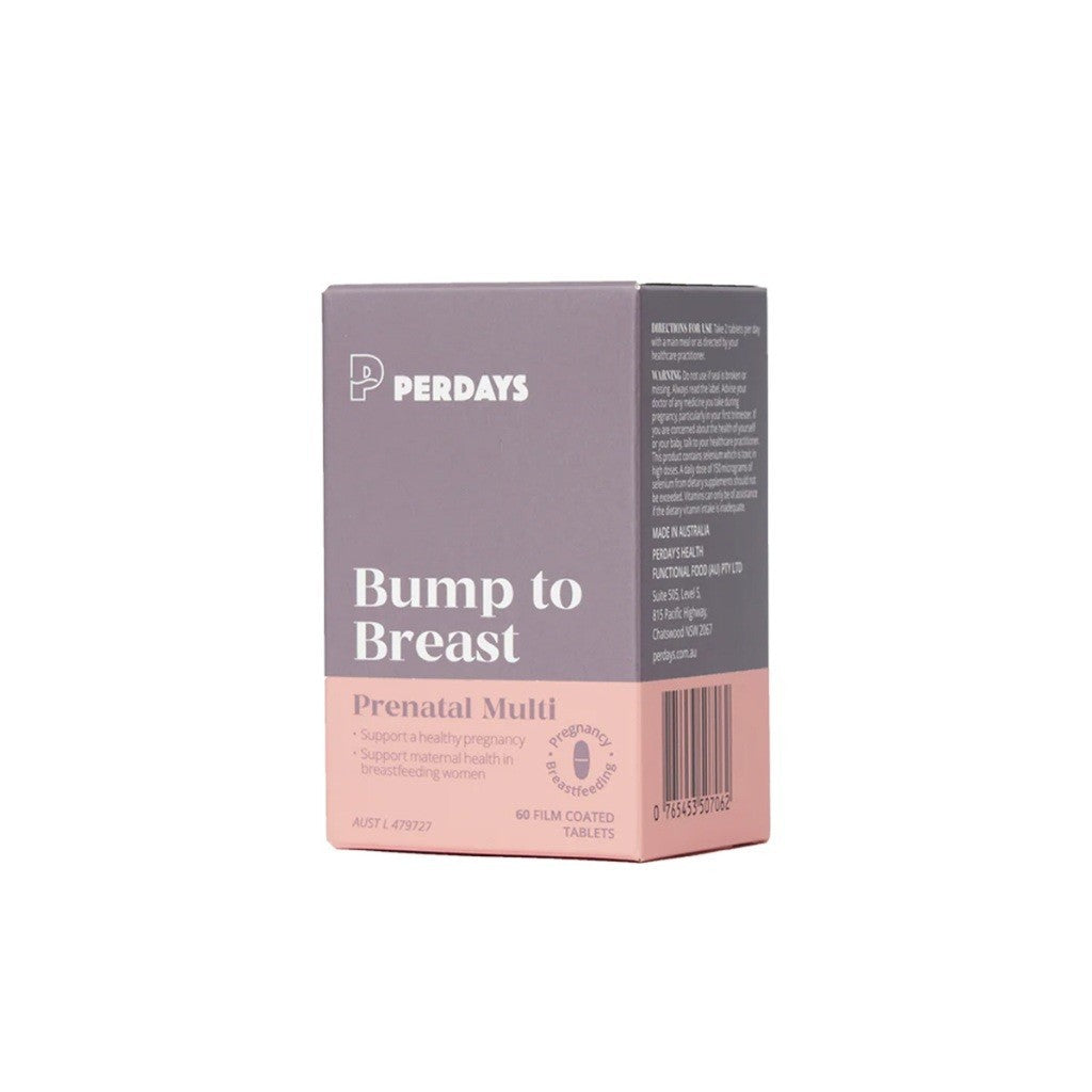 PERDAYS Bump to Breast Prenatal Multi 60 Tablets - 15 Nutrients for Pregnancy & Breastfeeding