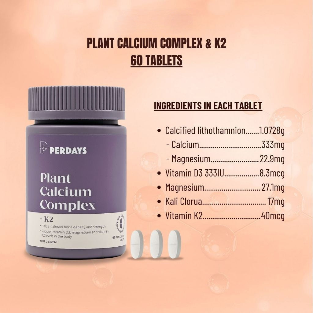 PERDAYS Plant Calcium Complex + K2 - Non-Constipating Calcium for Pregnancy & Bone Health - 60 Tabs