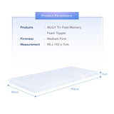 MLILY Air Feel Foldable Mattress Tri-Fold Cooling Gel Memory Foam Topper 90 x 192 x 7cm