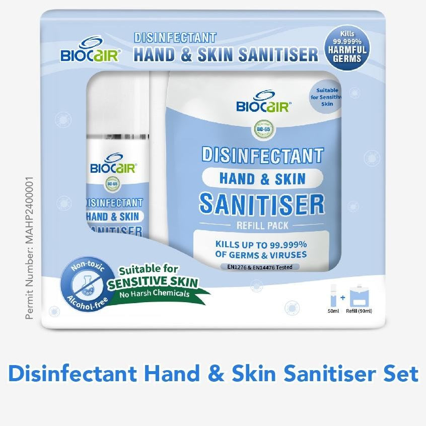 Biocair Disinfectant Hand & Skin Sanitiser Set 50ml Spray Bottle & 90ml Refill