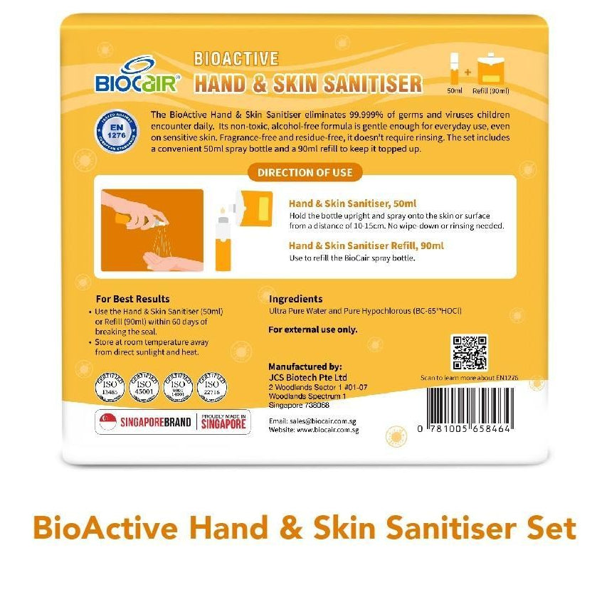 Biocair BioActive Hand & Skin Sanitiser Set for Children, 50ml Spray Bottle & 90ml Refill