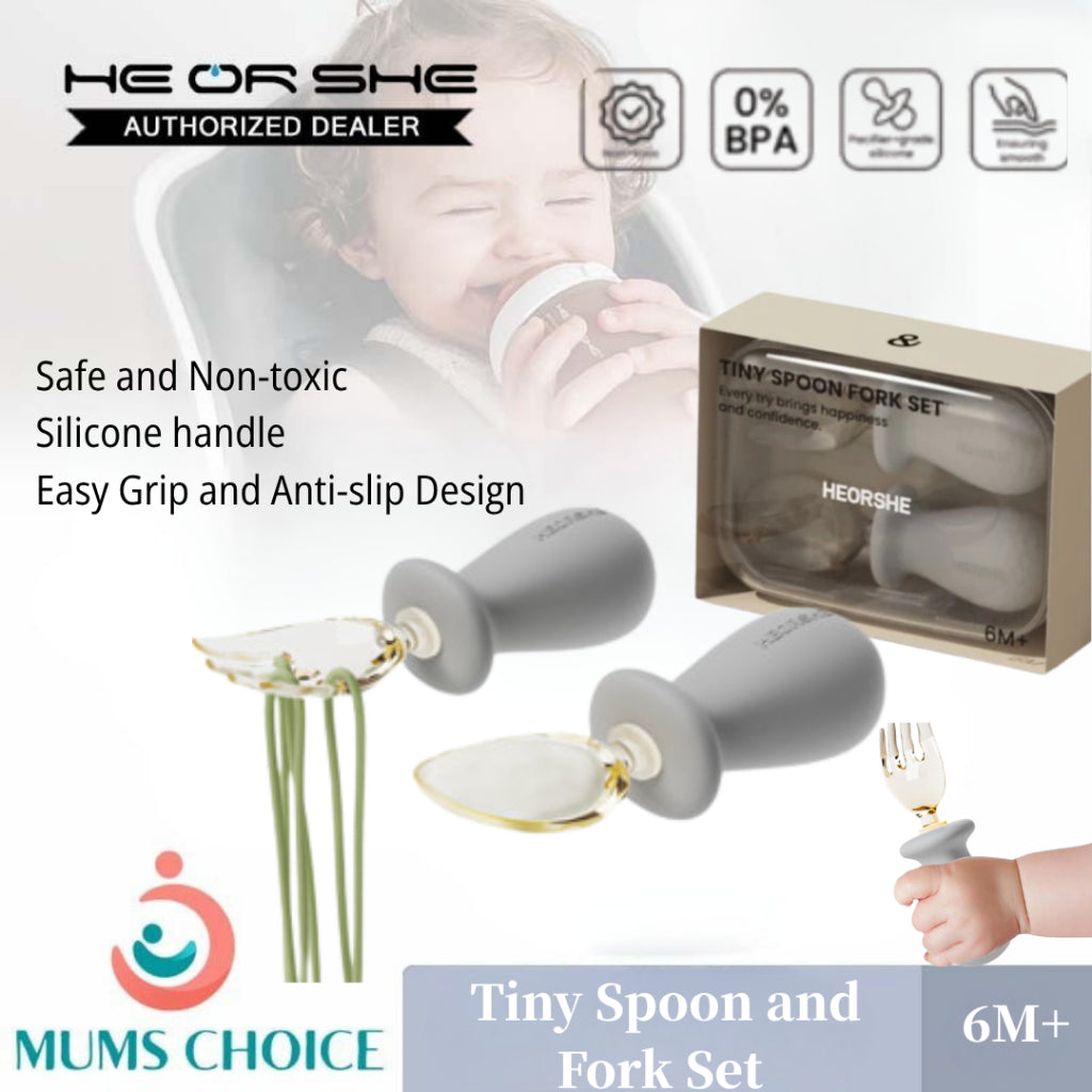 HEORSHE Tiny Spoon and Fork Set for Babies 6M+ Soft Silicone Handle