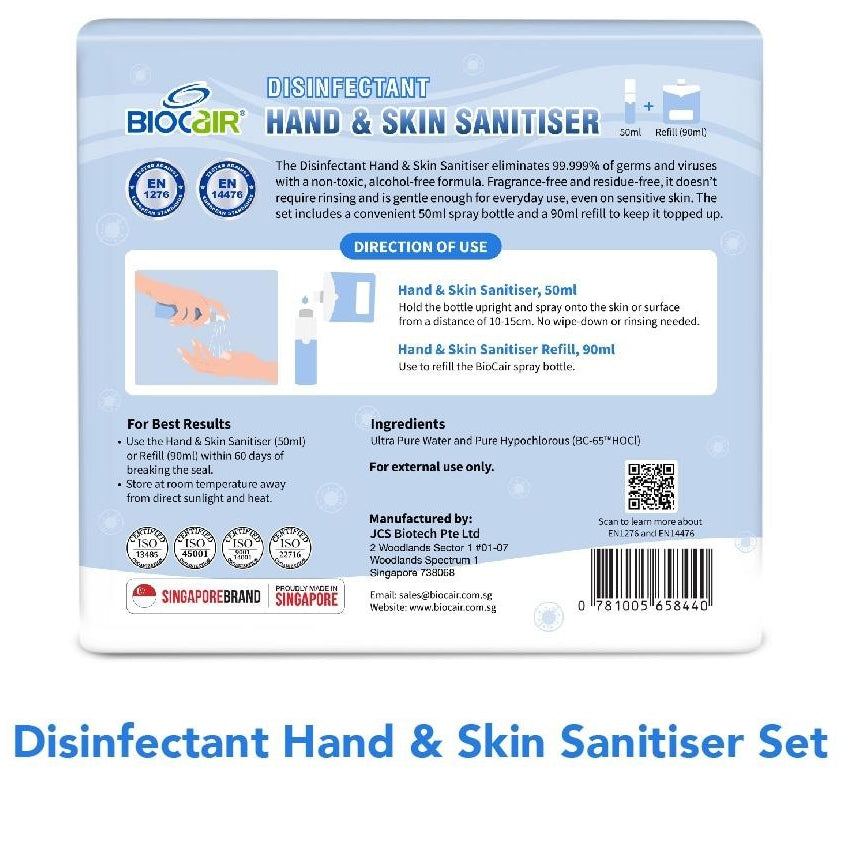 Biocair Disinfectant Hand & Skin Sanitiser Set 50ml Spray Bottle & 90ml Refill