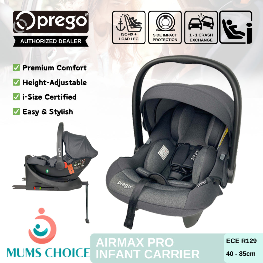Prego Baby Airmax Pro i-Size Baby Car Seat + ISOFIX Base | 40–85cm (0–13kg) for Newborn Infant Carrier ECE R129